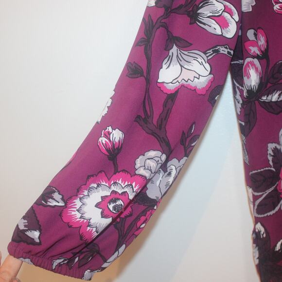 LOFT Women’s Floral Long Sleeve Blouse Size Medium Petite Purple Work Top - Picture 4 of 9